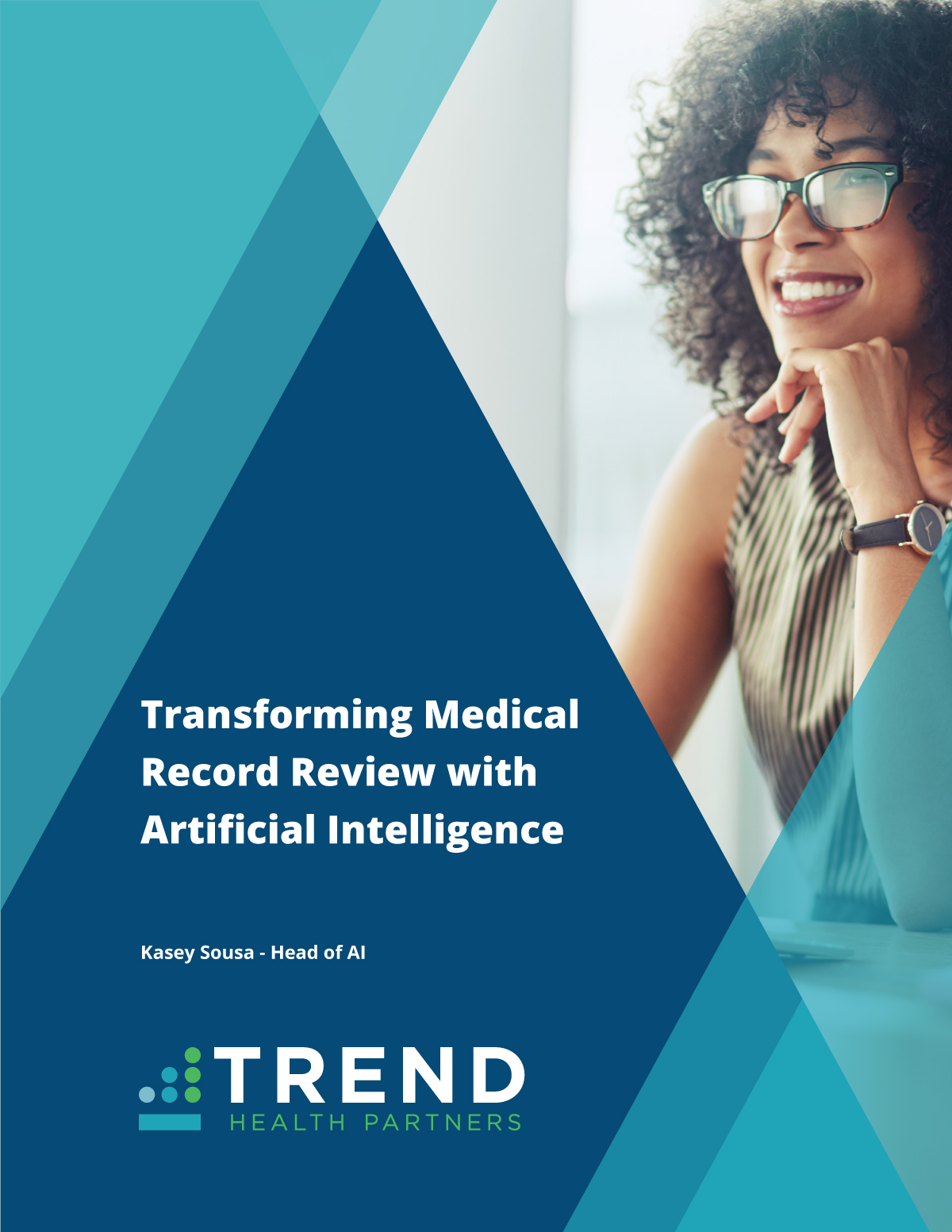 Transforming medical record review with artificial intelligence Infographic with a person, the TREND logo, and wording about better record review with AI